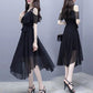 Black Dress Female Summer Mid-length Section Was Thin Chiffon Slim Temperament Off-shoulder Dress A-line Version Skirt Waist Was Thin