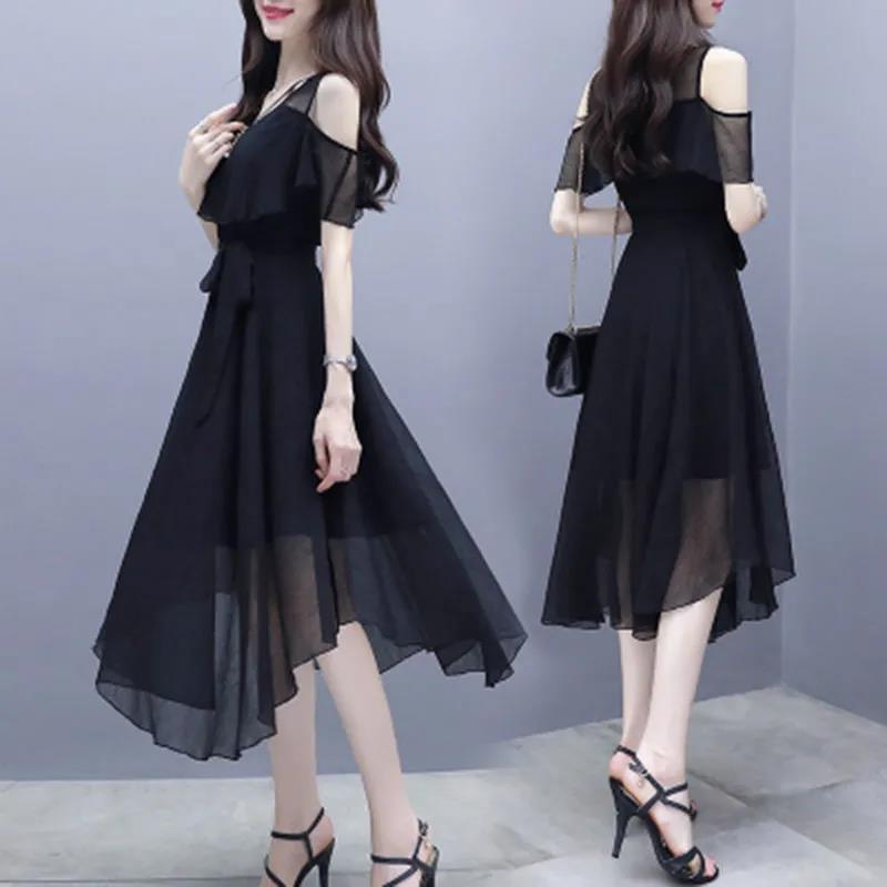 Black Dress Female Summer Mid-length Section Was Thin Chiffon Slim Temperament Off-shoulder Dress A-line Version Skirt Waist Was Thin