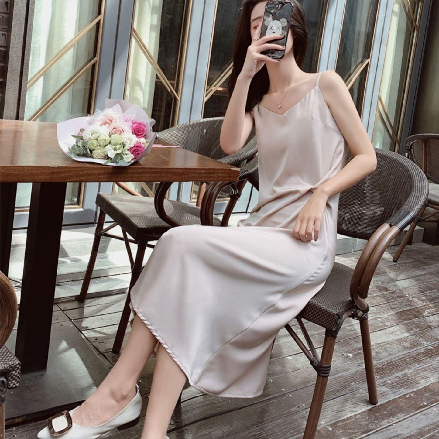 Female Summer V-neck Satin Medium Length Simple Casual Light Mature Style Korean Elegant One Piece Bottom Strap Dress