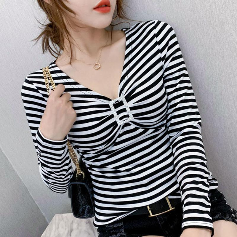 Women's Spring and Autumn Long Sleeve Bottoming Shirt Striped V-Neck Slim Top