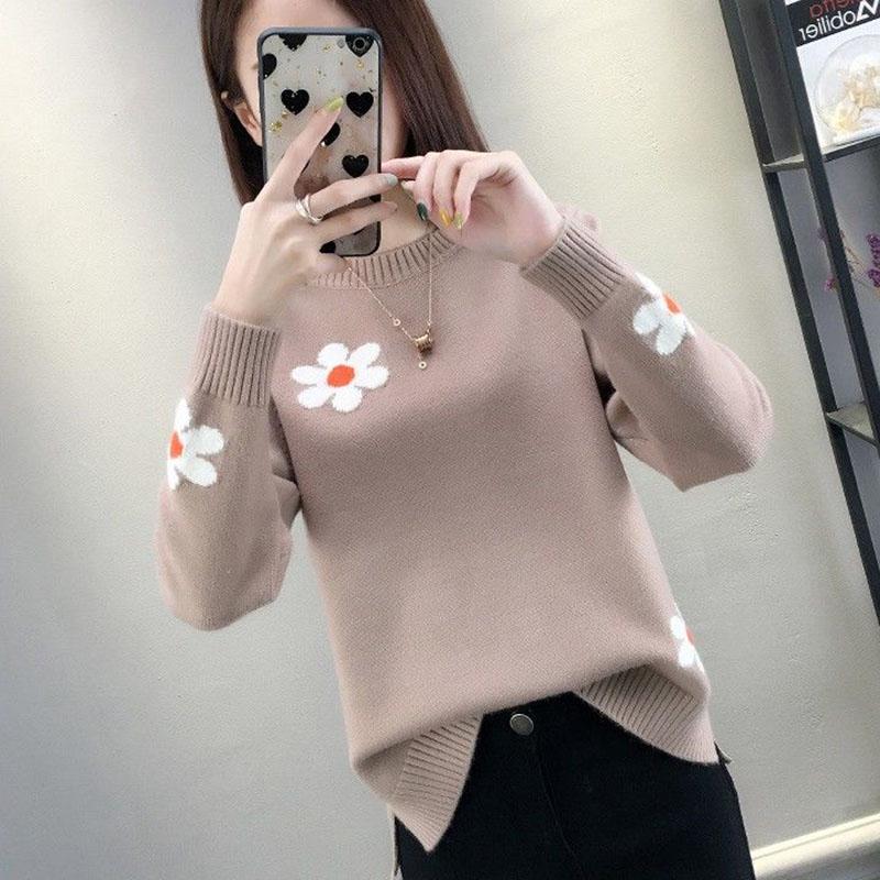 Autumn and Winter Round Neck Sweater Fashion Slim Bottoming Shirt Flower Pattern Simple Blouse