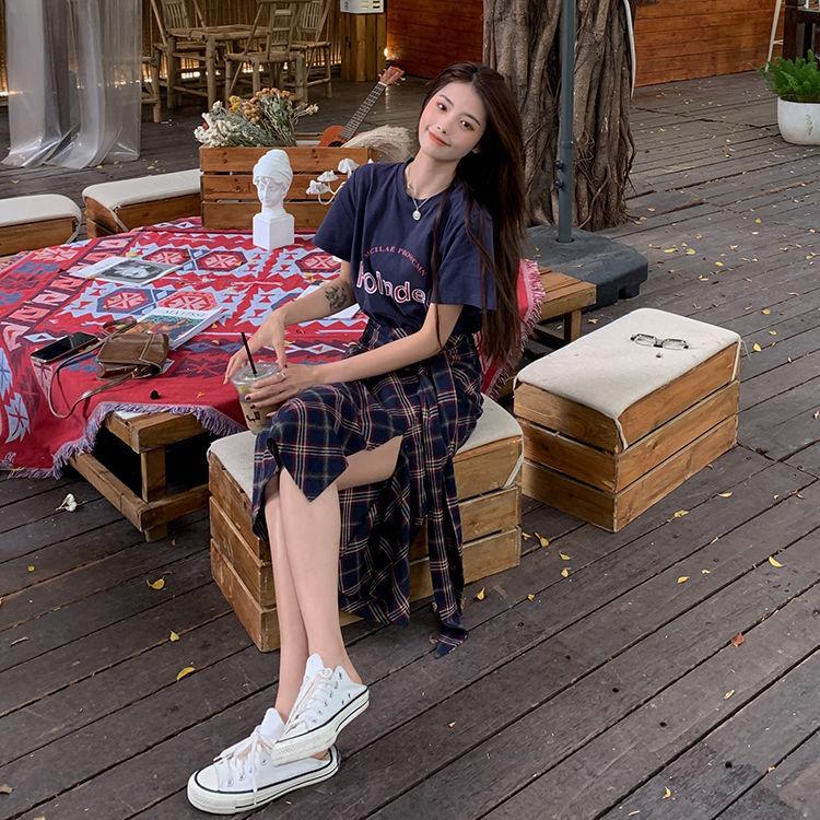 Split Women Plaid Skirt Female High Waist A-line Mid-length Half Skirt Thin Daily Student School