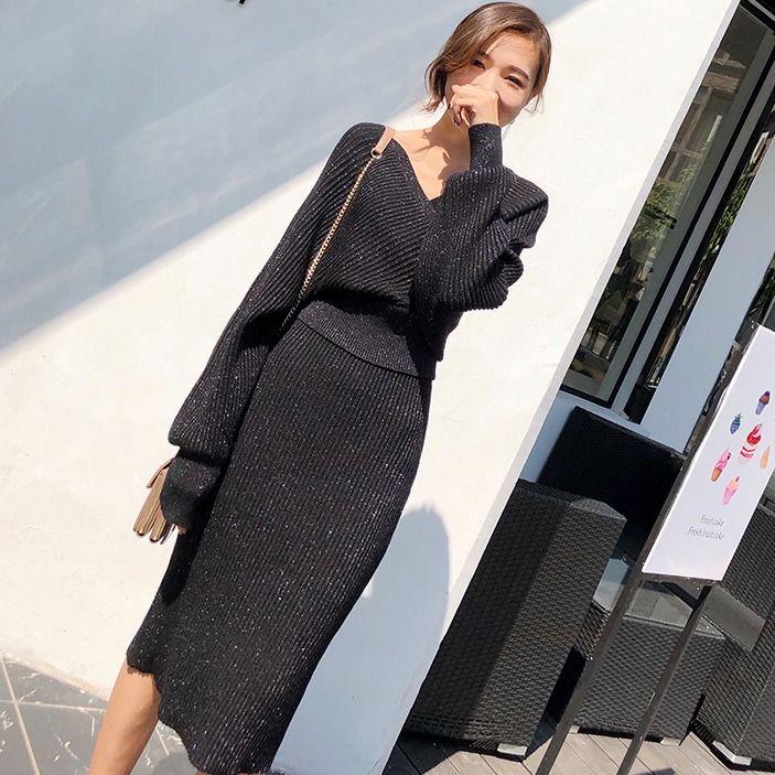 V-neck Women Knitted Skirt Suits Batwing Sleeve 2 Pieces Elegant Party Female Sweater Elegant Dress