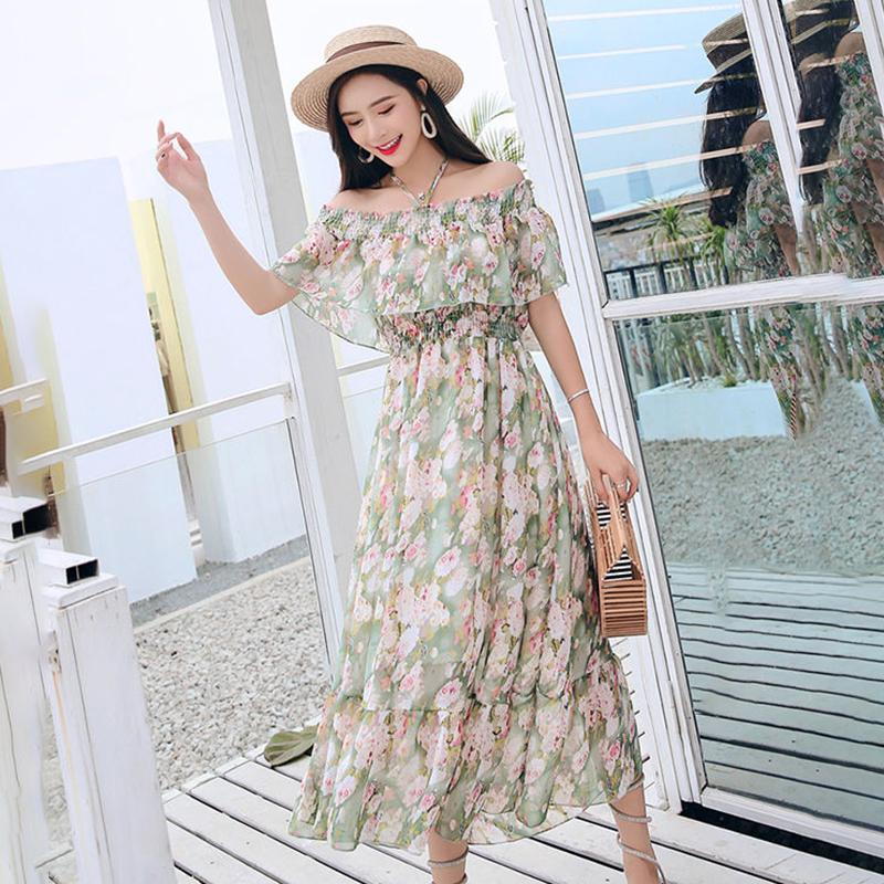 Off-the-shoulder One-word Neck Floral Chiffon Dress Female Mid-length Sexy Beach Dress Super Fairy Fairy Dress Plus Size Dress Waist Is Slim