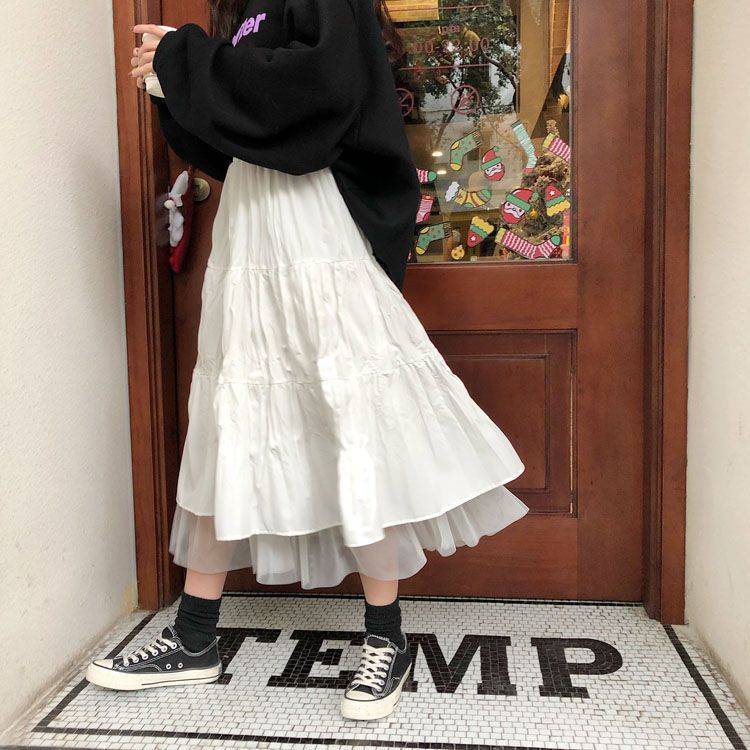 Yarn Skirt Woman's Mid-length Elastic Waist Ruffle Lace Hem School Work Travel High Waist A-line Skirt