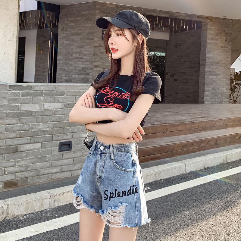 WTEMPO Summer Denim Shorts Children Students Loose High Waist Wide Legs Broken Holes Wild Thin Dress