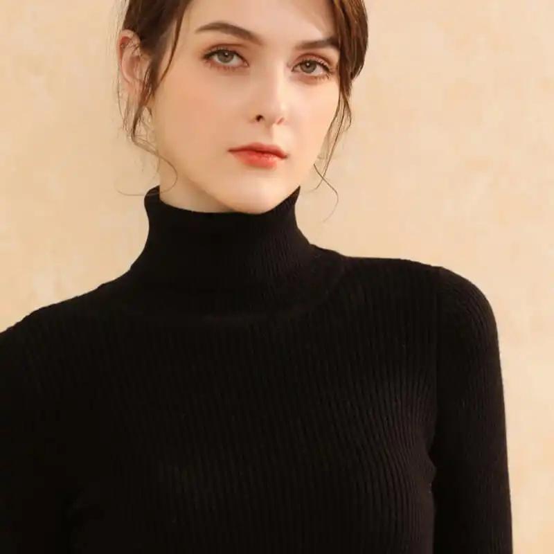 Turtleneck Pullover Sweaters Women Autumn Winter Casual Plus Size Knitted Jumper Solid Basic High Neck Tops