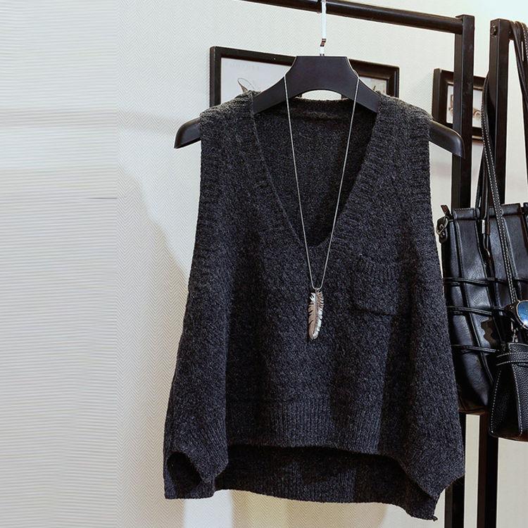Spring and Autumn Short Loose Waistcoat College Style Knit Solid Color Waistcoat Pocket Sleeveless Sweater Women
