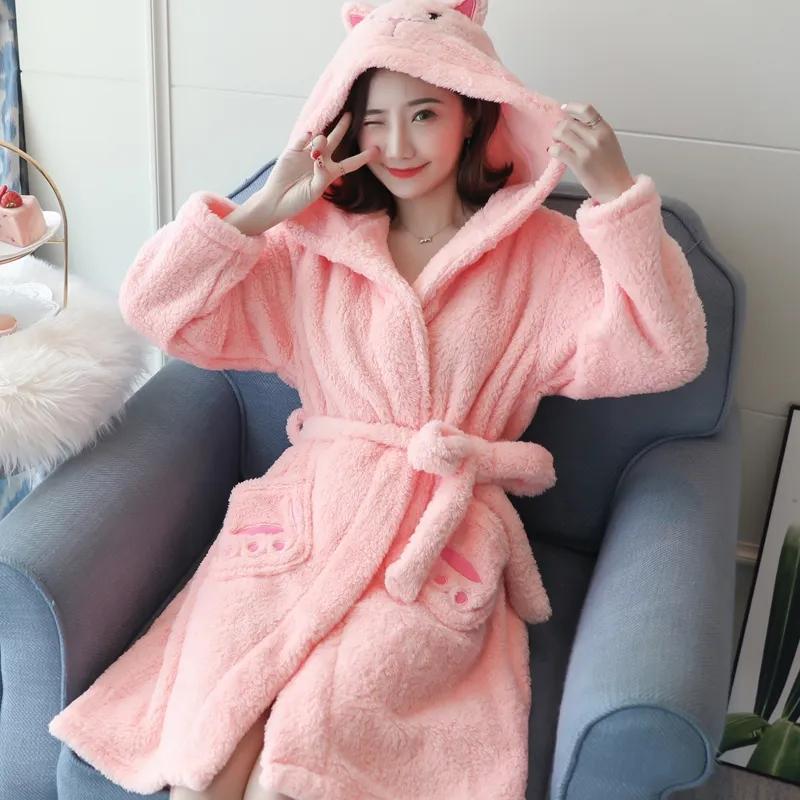 Cute Coral Fleece Nightgown Women's Autumn Winter Lace Cartoon Ears Thickened Velvet Warm Flannel Hooded Pajamas Bathrobe