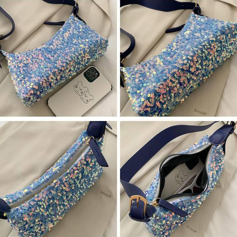 Shiny Sequins PU LeatherElegant Baguette Bag Armpit Bag for Women Shoulder Handbags Lady Simple