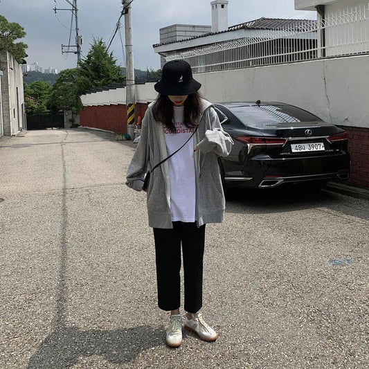 Spring and Autumn Hooded Sweater Women's Loose Solid Color Top Ins Student Long-sleeved Cardigan Thin Coat