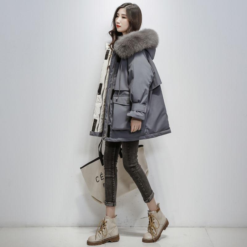 Women's Casual Cotton Clothes Mid-length Fashion Trend Down Down Cotton Clothes Women's Loose and Thick Big Fur Collar Cotton Coat