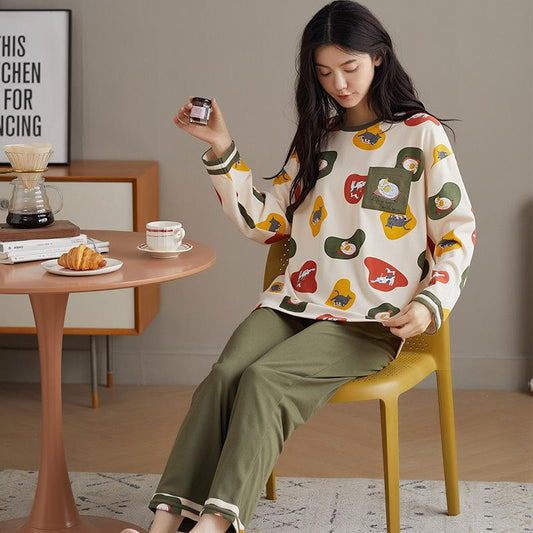 Cotton Pajamas Set for Women Long Sleeve Pyjamas Suit Spring Autumn Sleepwear Casual Loose Home Wear Pullover Round Neck Nightwear Cute Tops and Pants