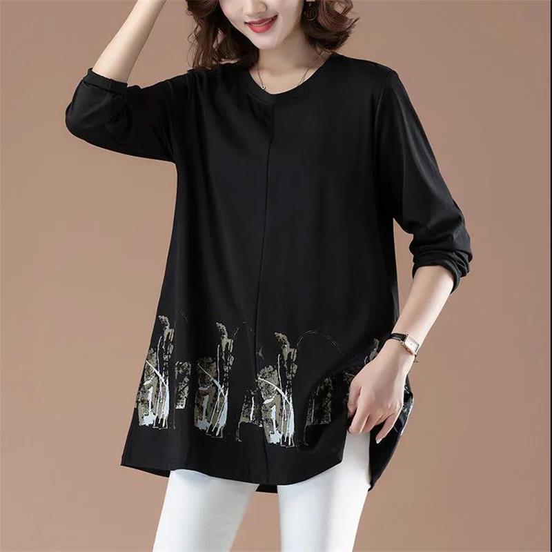 Womens Leisure Print T-shirt Long Sleeve Round Neck Blouses Casual Loose Tops Pullover