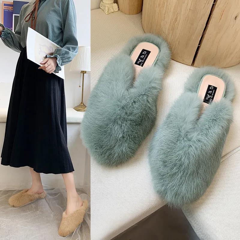 Women's Autumn and Winter Furry Fashion Cotton Slippers with Slippers Indoor and Outdoor Casual Flat Shoes Soft Shoes