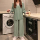 Women's Spring Autumn Long-sleeves Pajamas Set Sexy Lace Edge V-neck Sweet Loose Home Wear Two-piece Suit Solid Color Breathable Sleeping Suit