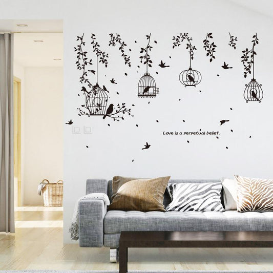 Europe Style Black Birdcage And Trees Wind Wall Stickers For Living Room Bedroom Garden Home Decorat