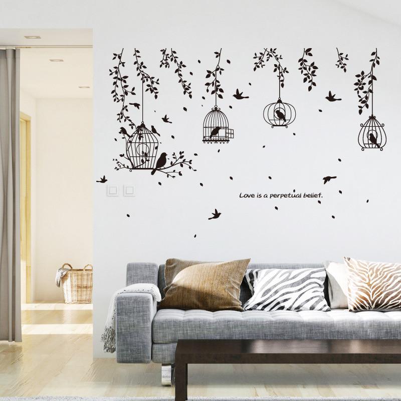 Europe Style Black Birdcage And Trees Wind Wall Stickers For Living Room Bedroom Garden Home Decorat