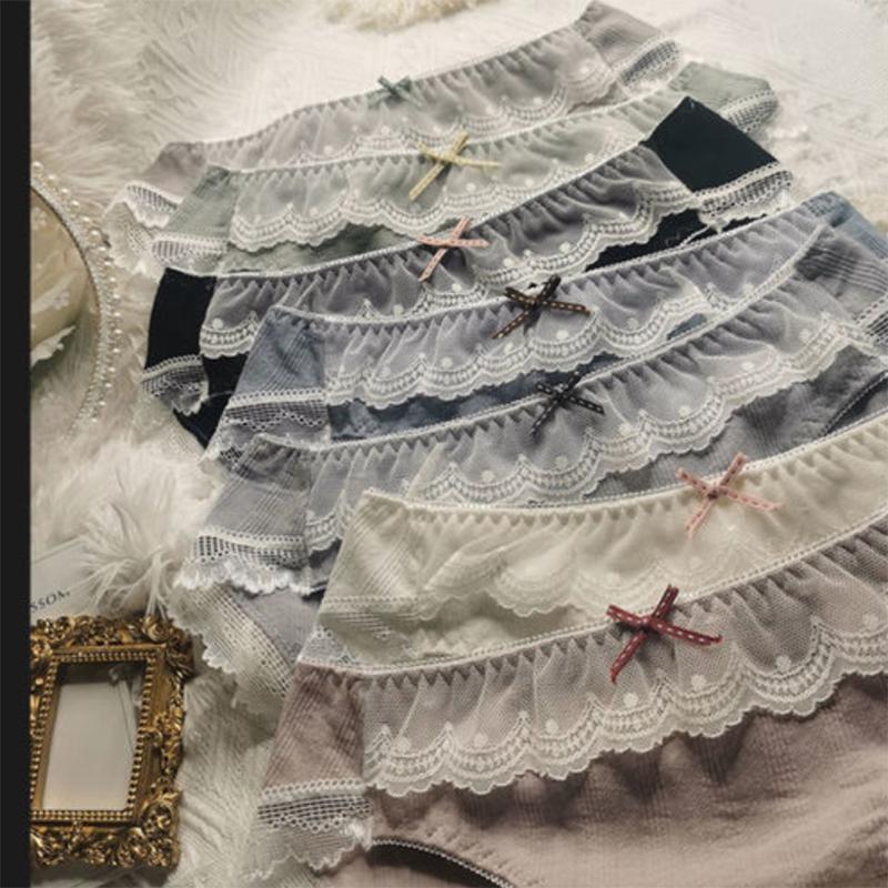Princess Style Ladies Panties Embroidered Lace Trim Contrast Color Bow Cotton Briefs Women