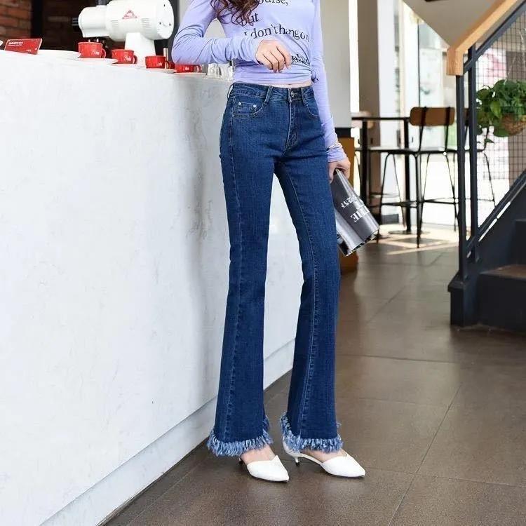 Slim Flared Denim Pants Women's Plus Size Denim Jeans Trousers Summer High Waist Sliming Fit Loose Tassel Denim Pants