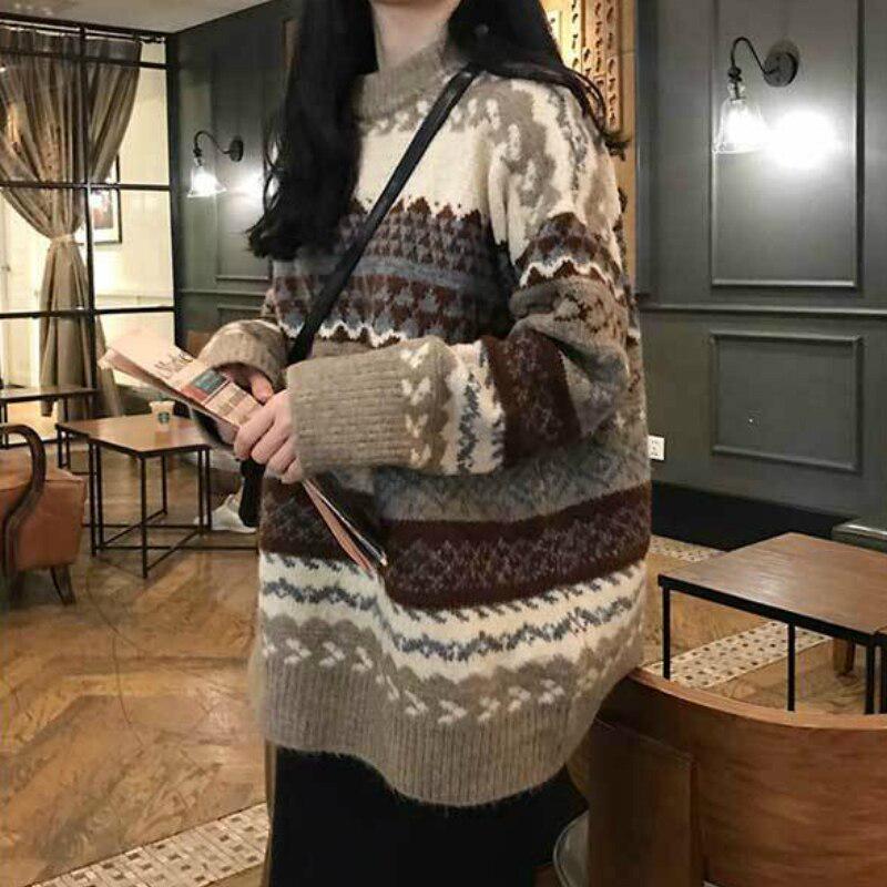 Pullovers Women Vintage Loose Casual Sweaters Geometric Retro Lazy Female Harajuku Korean Style Womens Ulzzang Chic Tops