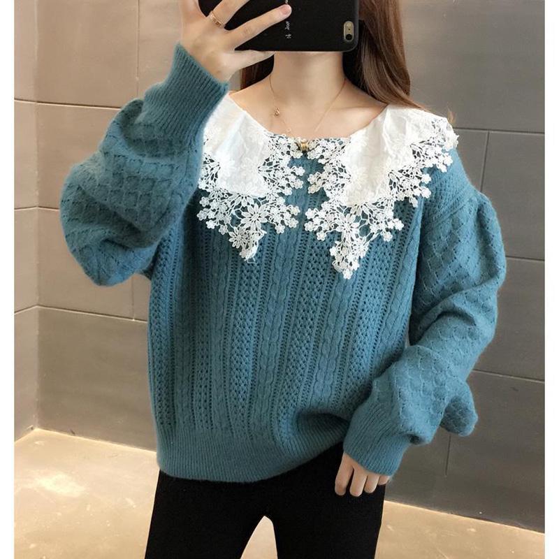 Spring and Autumn Style Outer Wear Lace Doll Collar Sweater Loose Long Sleeve Sweater Women