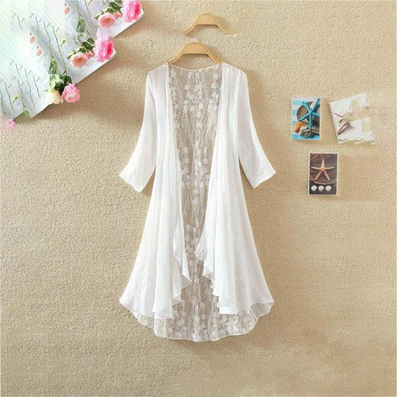 Women's Cotton and Linen Lace Sun Protection Thin Cardigan Beach Mid-length Plus Size Shawl Loose Top