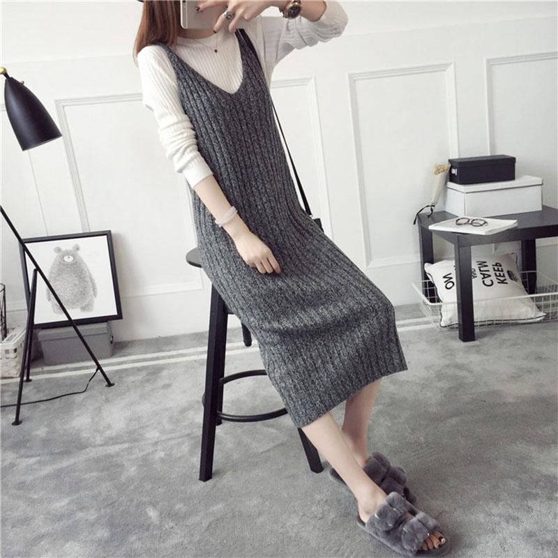 Autumn and Winter Long Sweater Dress Fashion Knitted Suspender Dress Casual Simple Female Suspender Dress