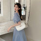 Women's Summer Solid Color Dress Square Neck Puff Sleeves Slim Over Knee Midi Dress