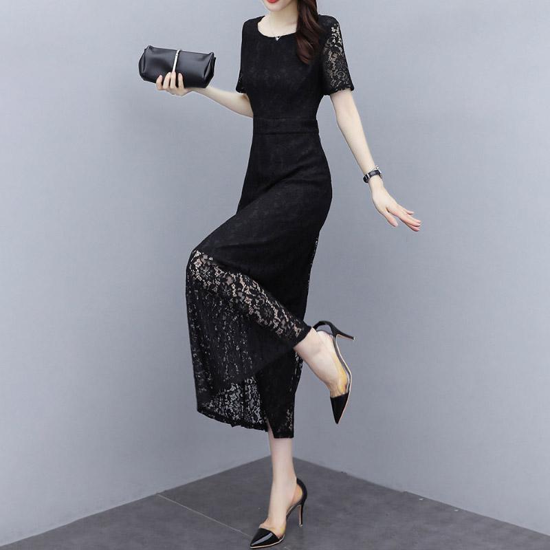 Korean Version Black High-end Lace Dress Female Spring Summer Short Sleeve Round Neck Long Dress