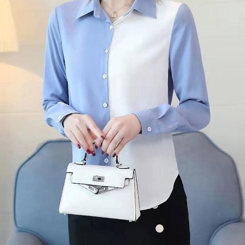 Chiffon Shirts Women's Color-blocking Long-sleeved Spring and Autumn Bottoming Loose Shirts