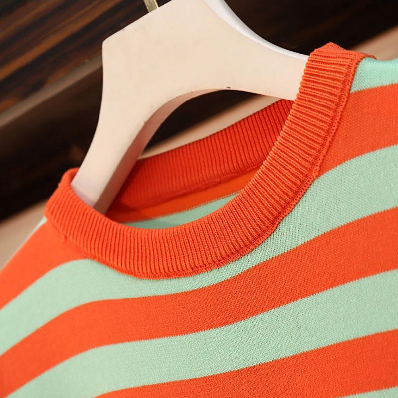 Two-piece Women's Casual Fashion Knitted Suit Striped Stitching Drawstring Short Sleeve + Knitted Pants Suit
