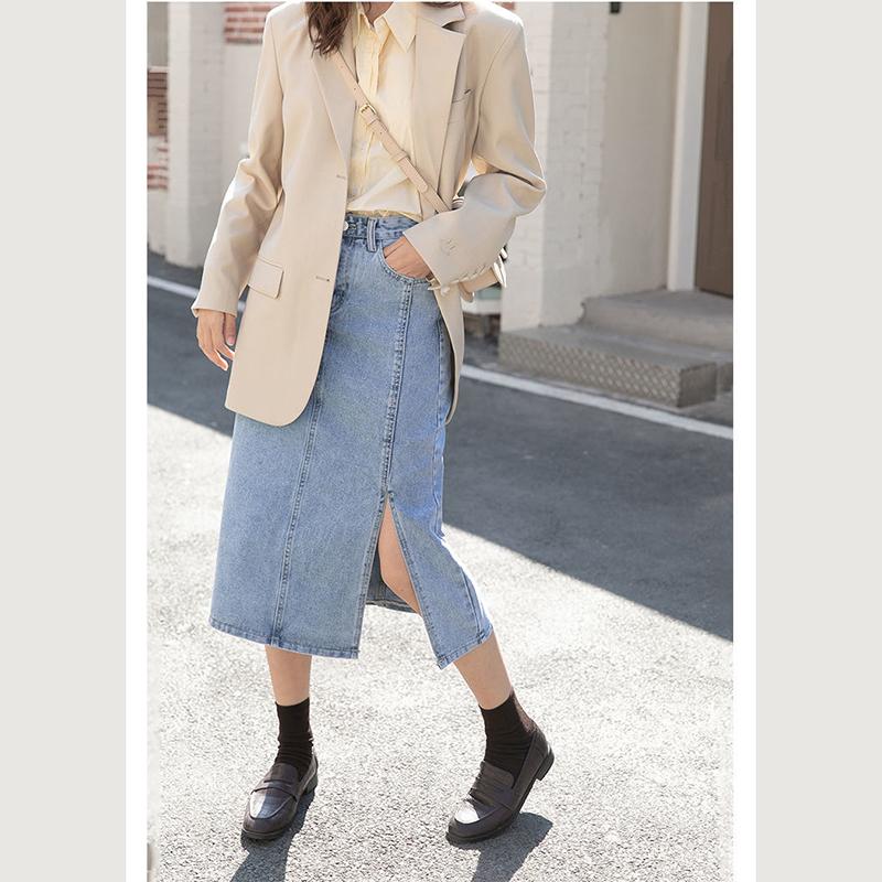 Long Skirt Women Solid Split Denim Skirt High Waist Over The Knee Hip Skirt Casual Club Home Office