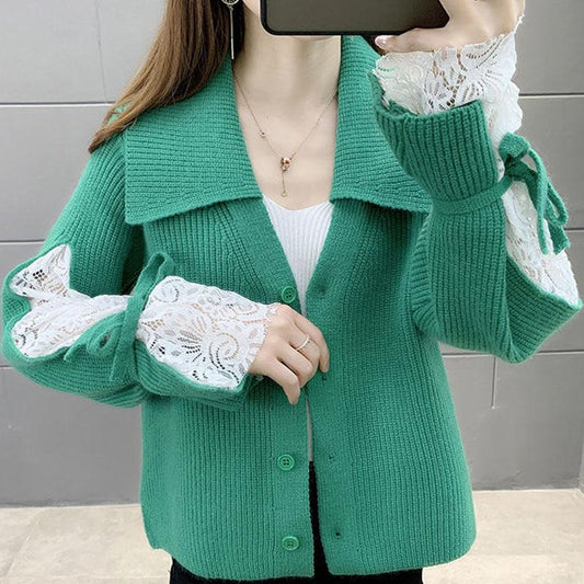 Spring and Autumn Cardigan Solid Color Sweater Lapel Short Outer Jacket Sweet Style Female Jacket