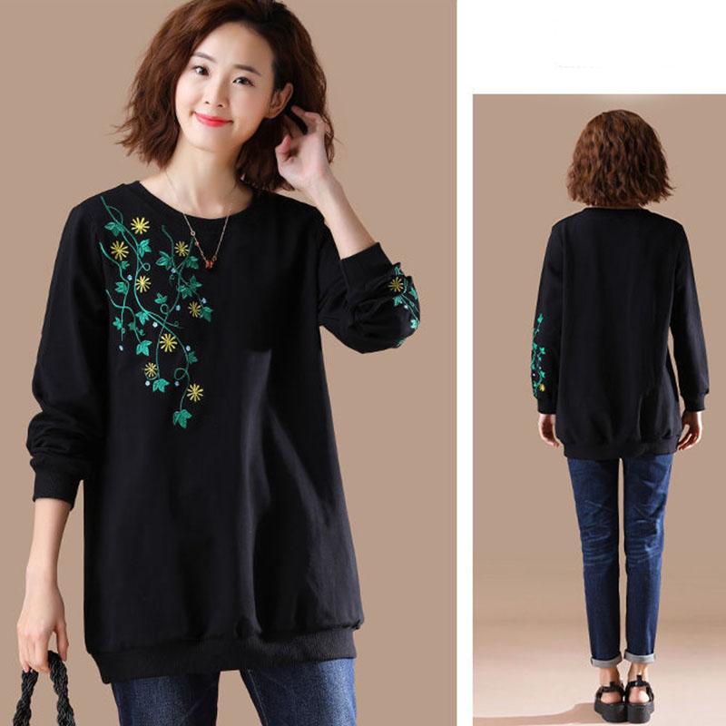 Women Ladies Long Sleeve Loose Blouse Summer Round Neck Casual T-Shirts Tops Clothing embroidery Casual Soft Pullover