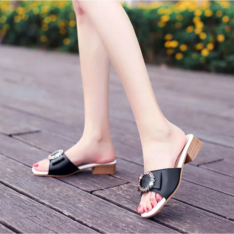 Middle Heel Square Toe Sandals Female Fairy Thick Heel Rhinestone Slippers Open Toe All-match Shoes Beach Shoes
