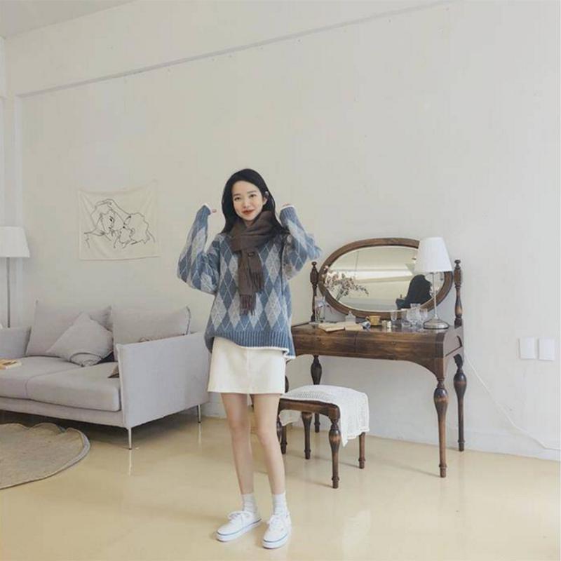 Pullover Plaid Sweater Long Sleeve Sweater Women Autumn and Winter Retro Net Red Loose