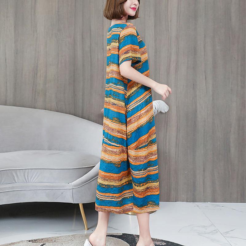 Women's Summer Loose Dress Large Size Young Cover Belly Look Thin Striped Mid-length Skirt Pocket  Loose