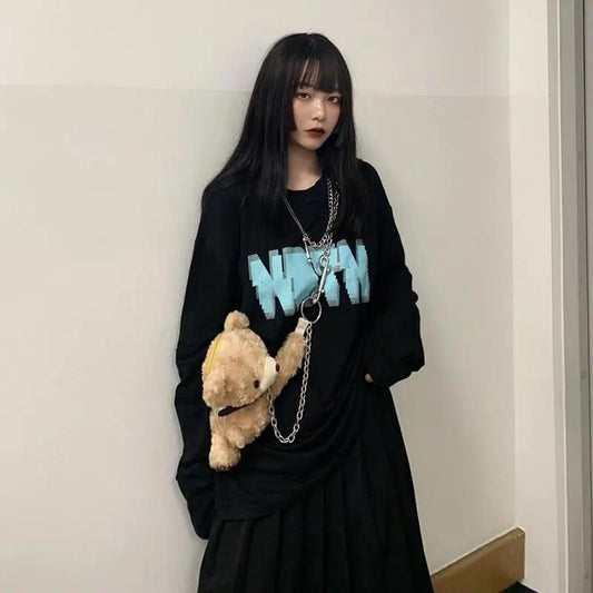 Fall Solid Simple Tee harajuku long Sleeve Women T-shirts Black Letter printing Pullover