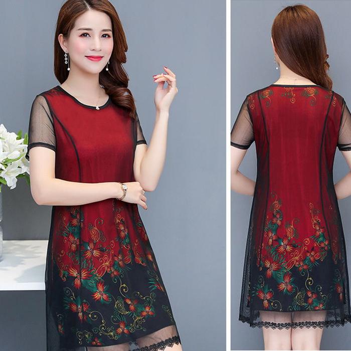 XL-XXXXXL Mid-length Plus Size Printed Over-the-knee Dress Round Thin Chiffon Neck Short Sleeve Mom A-line Skirt