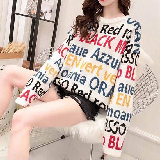 Chic Lady Letter Knitwear Crew Neck Loose Knitting Pullover Hit Color Jumper Sweater Top