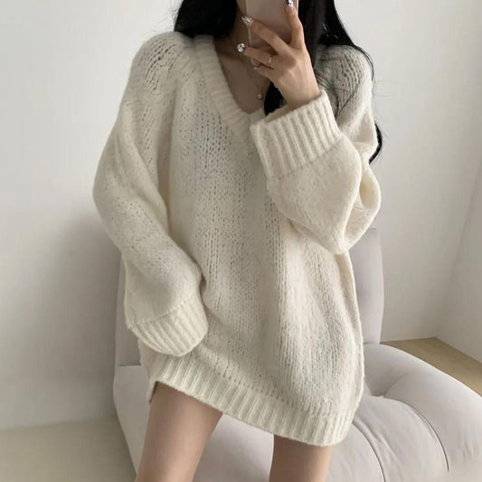 Loose V-neck Loose Sweater Women's Spring and Autumn Clothes Are Thin and Versatile Mid-length Lazy Style Sweater Sweater Top Oversizedsweater