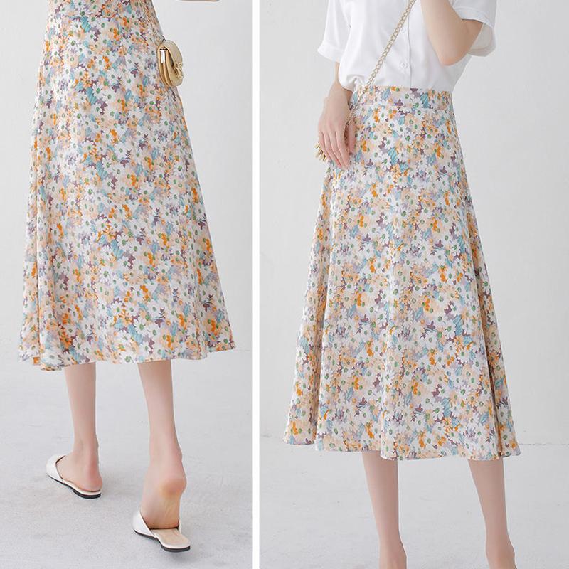 Floral Half-length Skirt Women's Mid-length A-line Skirt High Waist Small Size Thin Chiffon Print Skirt Women's Sunshine Floral Skirt