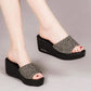 Outer Wear Thick-soled Ladies Wedge Sandals High-heeled Flip-flops Platform Shoes Black Sequined Fish Mouth High-heeled Sandals