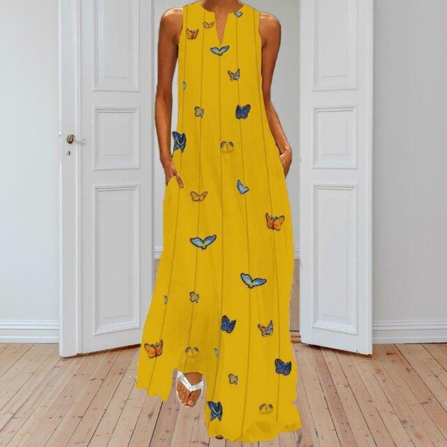 Long Boho Dress Women Butterfly Printed Summer Sleeveles V Neck Plus Size Dresses Maxi Casual Loose Vestidos