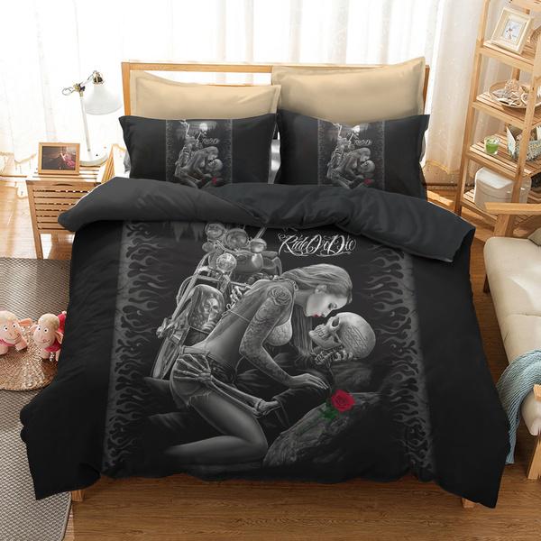 WTEMPO 2019 New 3 Pcs 3D Ride Die Bedding Set Halley Motorcycle Duvet Cover Pillowcase Red Rose Beau