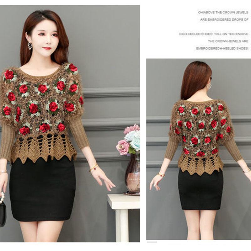 Fall/winter Women Crocheted Knit Jumper Short Pullover Batwing Sweater  Round Neck Mohair Sweater Outwear
