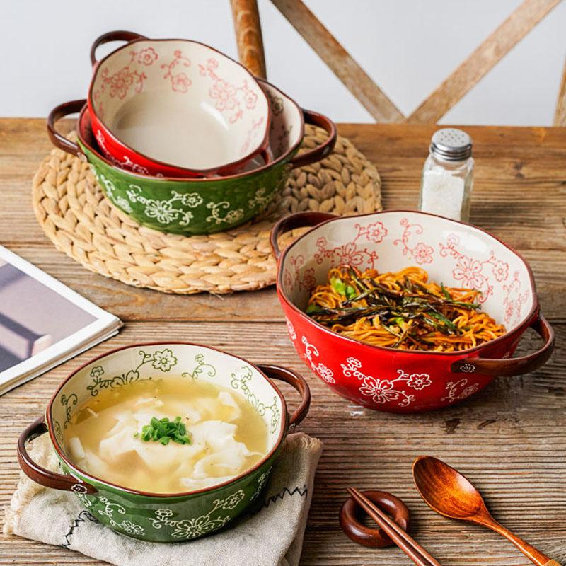 Binaural Soup Bowl Bowl Ceramic Tableware Bowl Creative Noodle Bowl Soup Bowl Japanese Ramen Instant Noodle Bowl