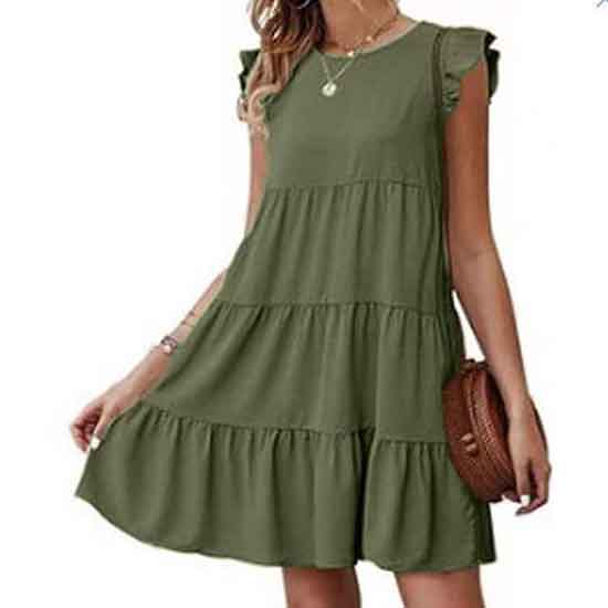 European and American Summer Solid Color Round Neck Short-sleeved Dress Casual Cake Skirt Pleated Swing Skirt