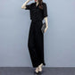 Ladies Professional Suit Black Two-piece Suit Women Loose and Thin High Waist Wide-leg Pants V-neck Short-sleeved Shirt Elegant Temperament